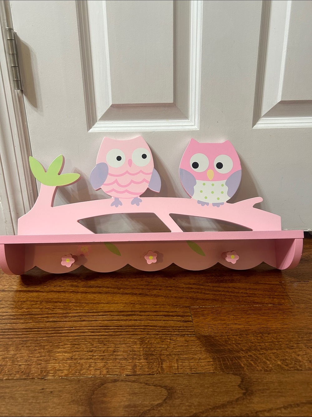 Pink Owl Wall Shelf with Hooks
